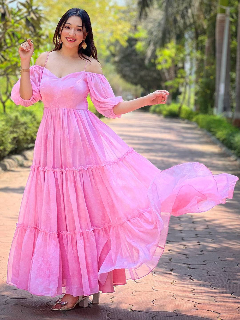 Rose pink floral printed dress with flowing design