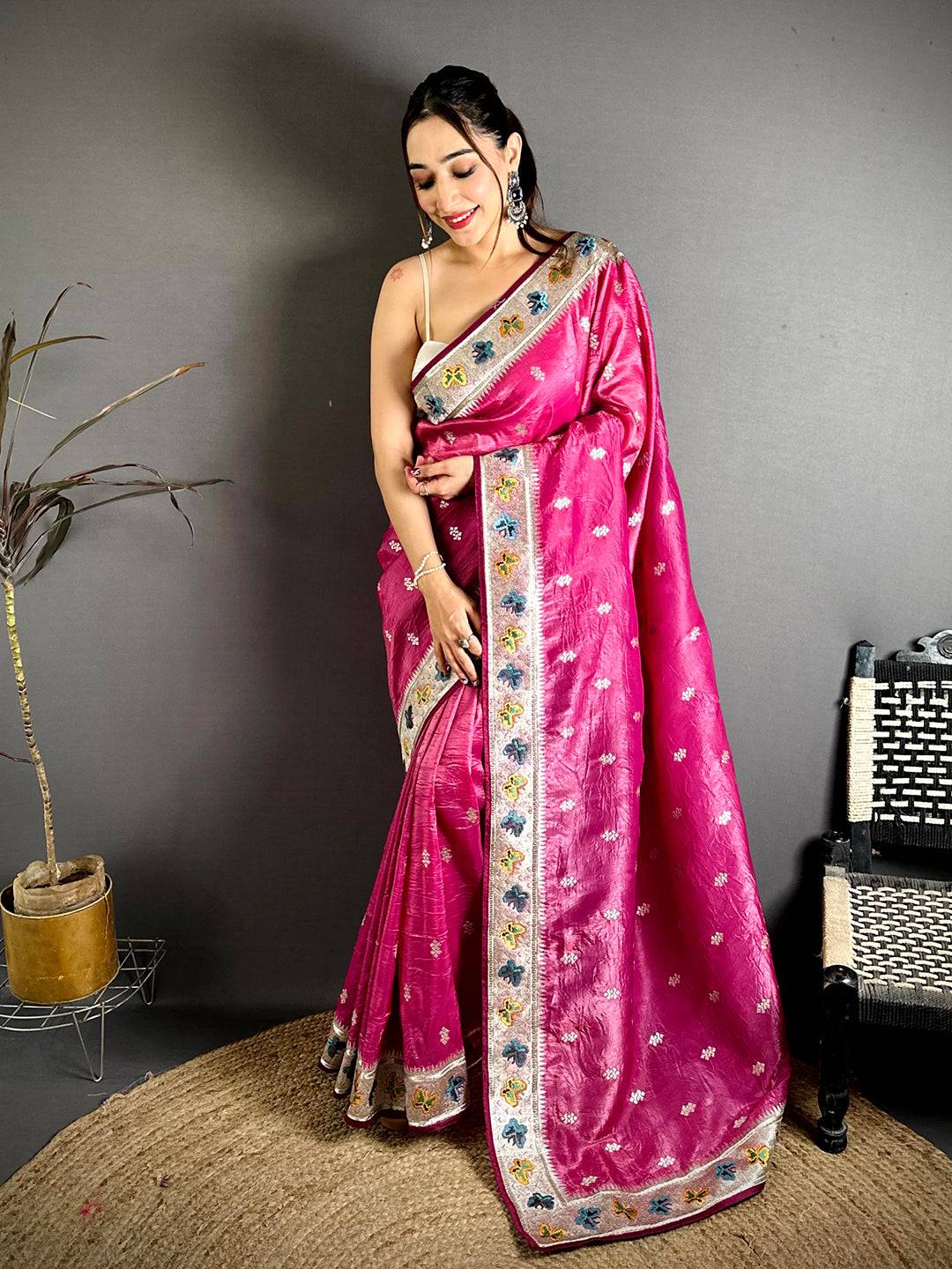 Pink Crush Silk Zari Embroidered Saree