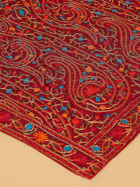 Close-up of wine poly chiffon pashmina dupatta embroidery