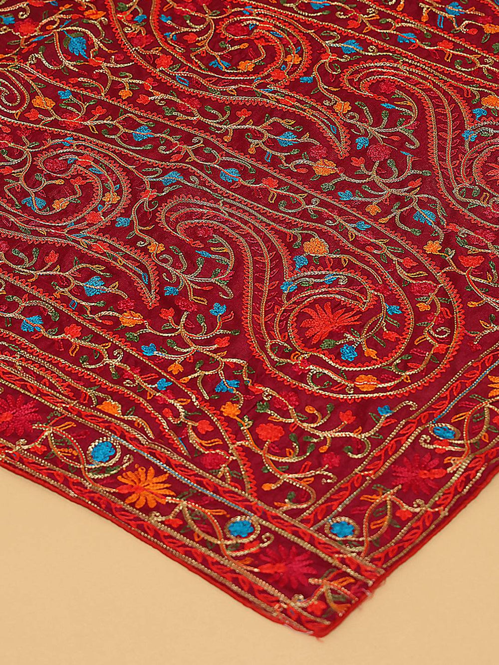 Close-up of wine poly chiffon pashmina dupatta embroidery