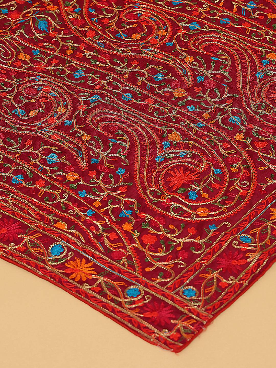 Close-up of wine poly chiffon pashmina dupatta embroidery