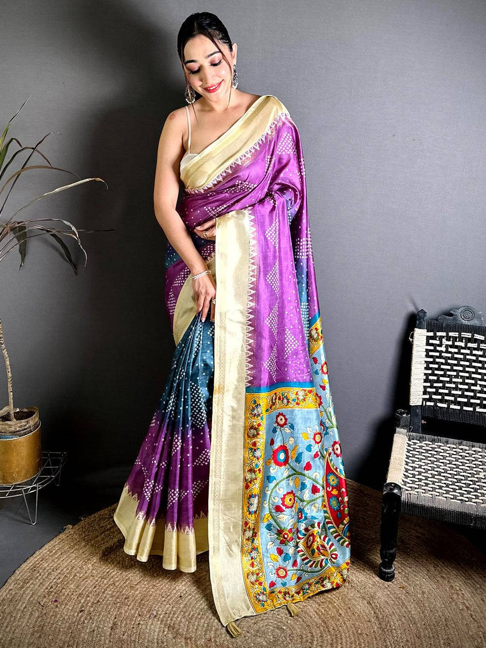 Vibrant Kalamkari Pallu Bandhej Print Saree