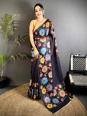 Black Soft Tussar Silk Floral Saree