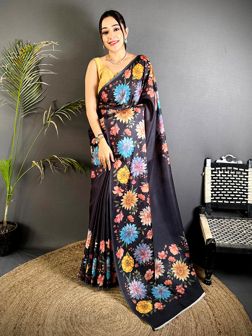 Black Soft Tussar Silk Floral Saree