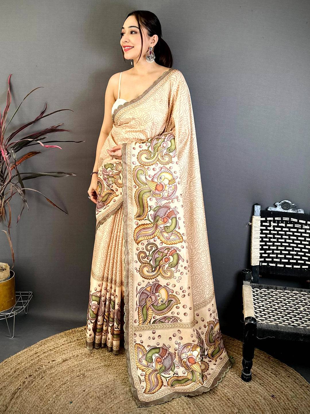 Beige Kalamkari Tussar Cutwork Saree