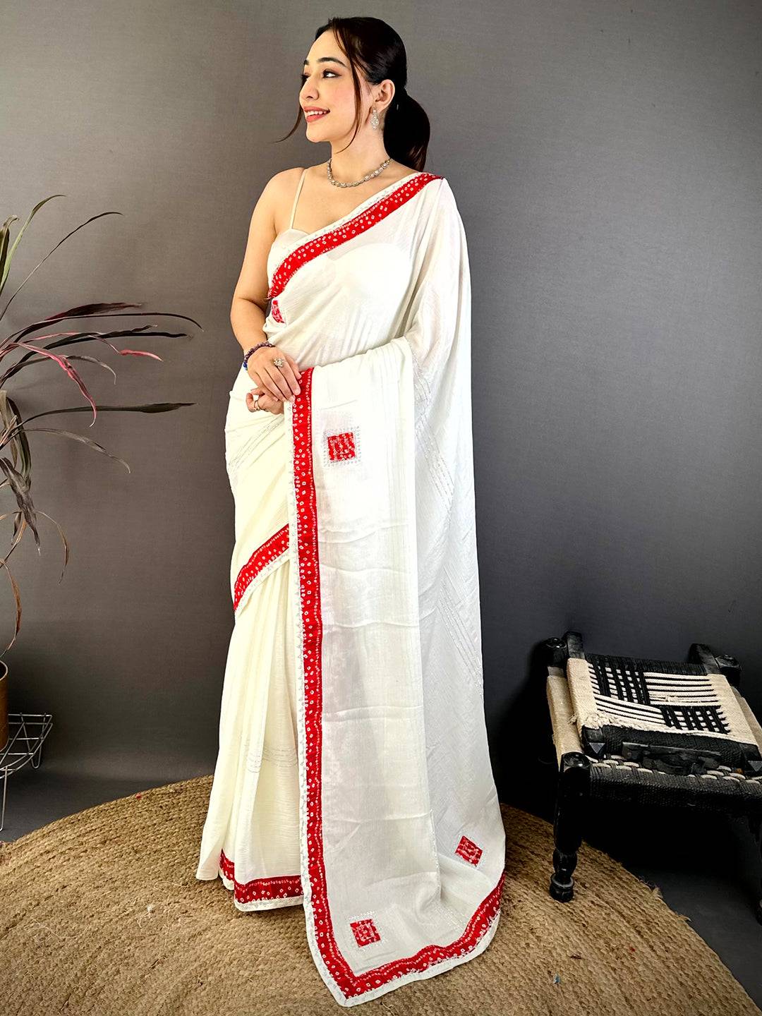Red Bandhej Butta Chiffon Saree