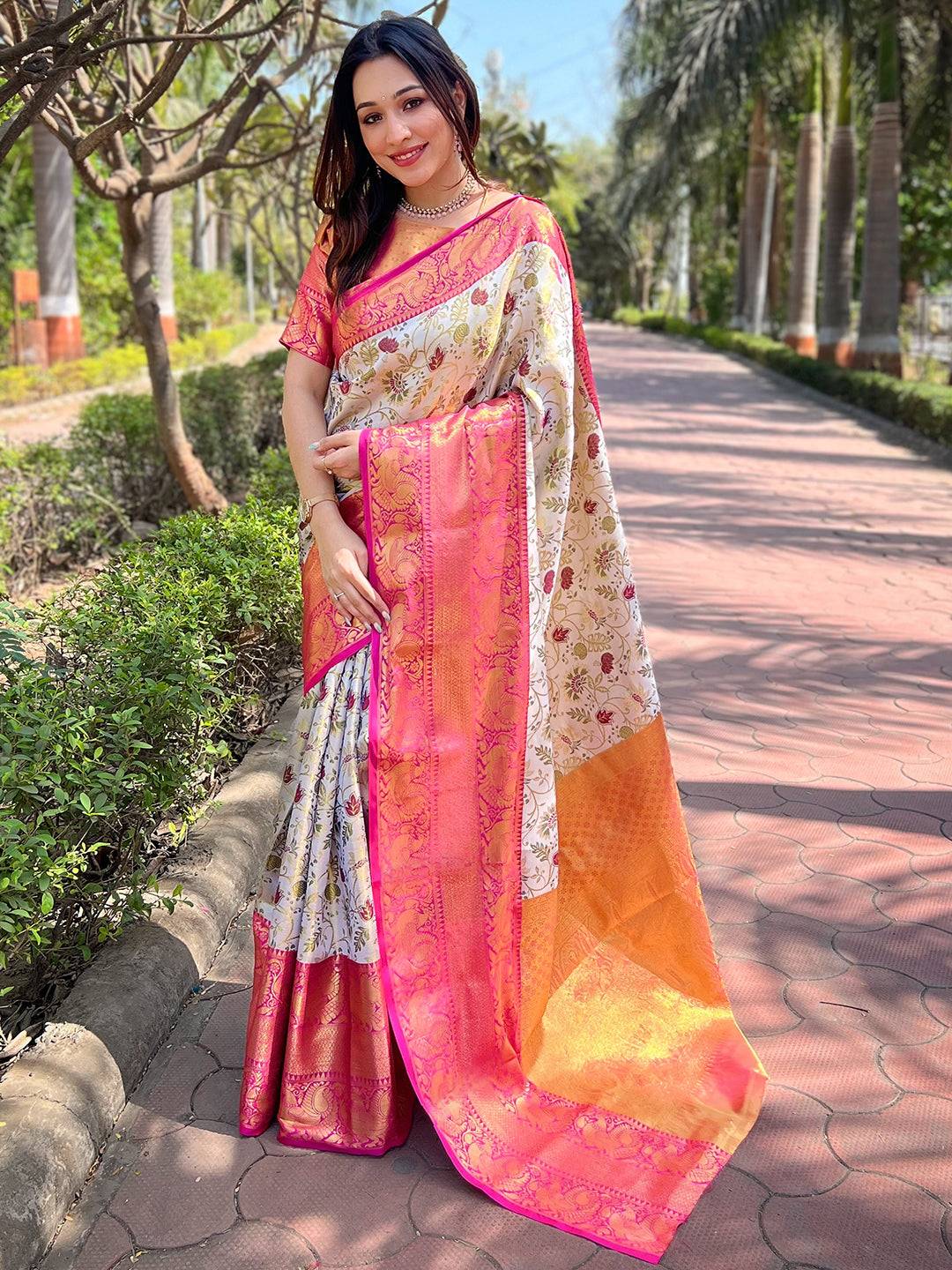 Off White Banarasi One Grm Tissue Silk Festive Wear Saree
