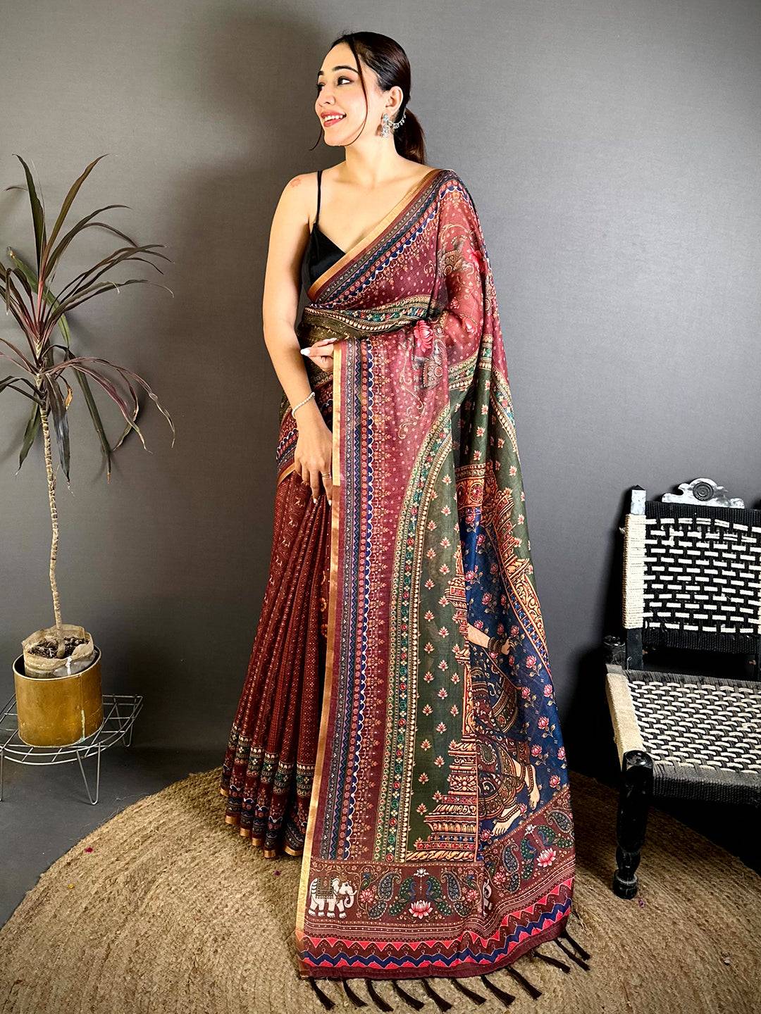 Designer Linen Chanderi Kalamkari Saree