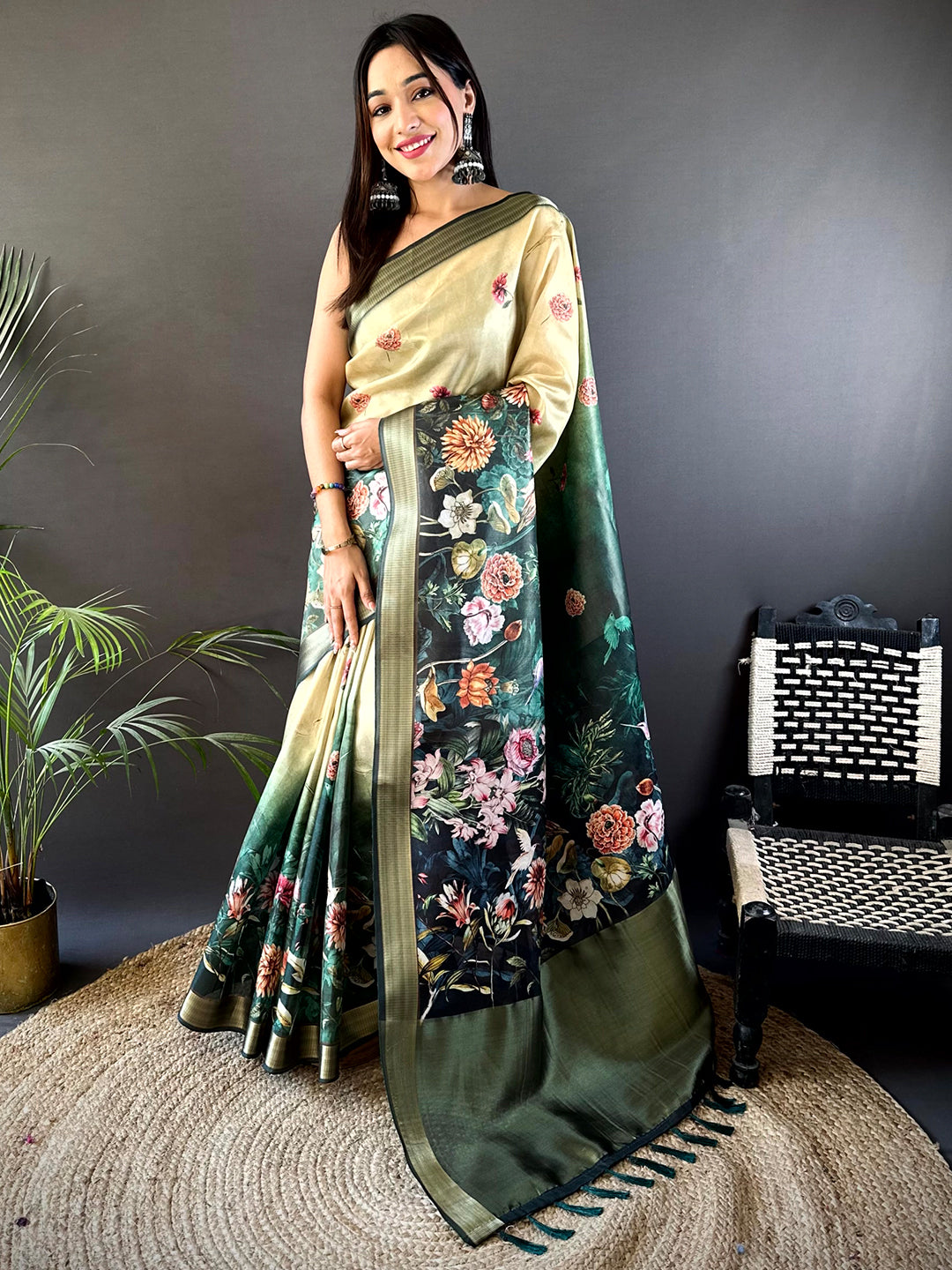 Beige Floral Grace Soft Silk Tissue Saree