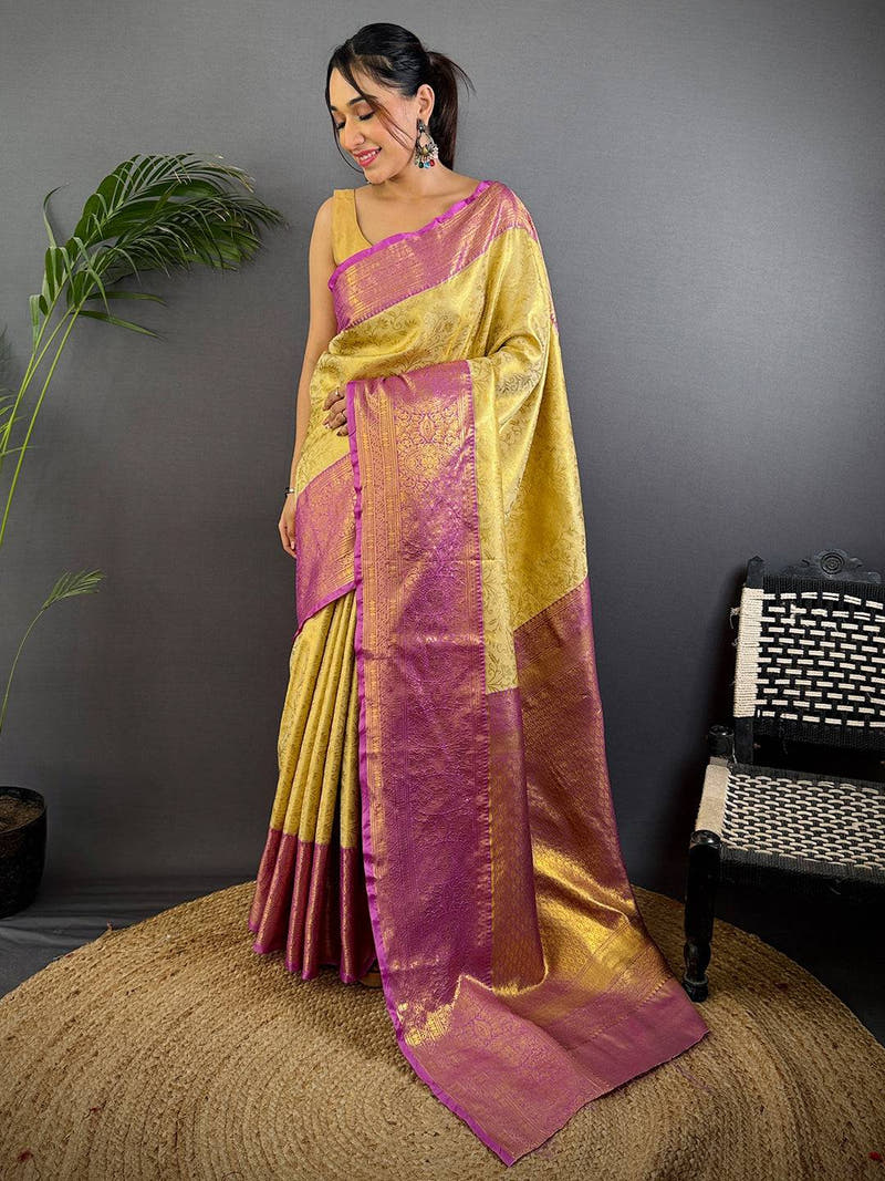 Golden Beige Dharmavaram Silk Saree With Maggam Blouse