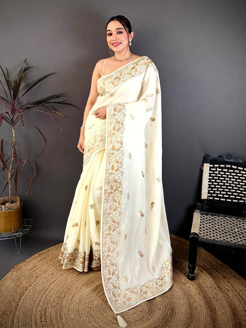 White Aari Bird Work Soft Satin Saree