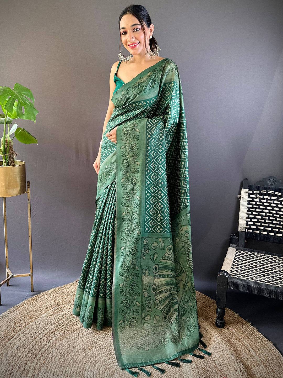 Bottle Green Patola Kalamkari Saree
