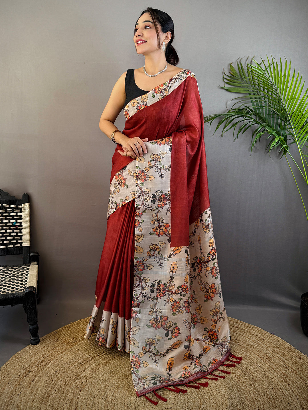 Maroon Linen Kalamkari Print Saree