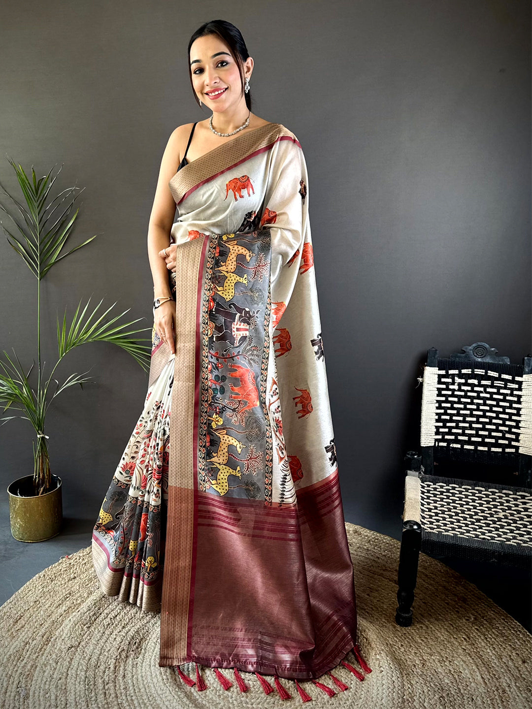 Ivory Digital Kalamkari Printed Tussar Silk Saree