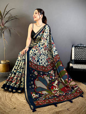 Regal Mul Cotton Elephant Kalamkari Print Saree