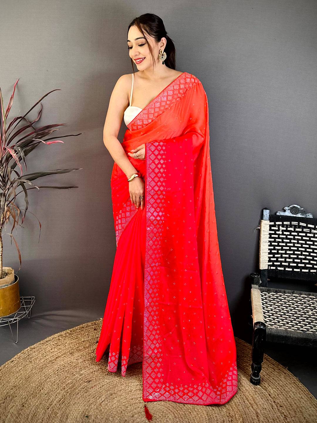 Stylish Satin Silk Swarovski Work Saree