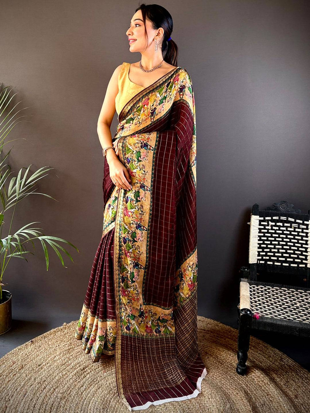 Brown Chinnon Chiffon Kalamkari Saree