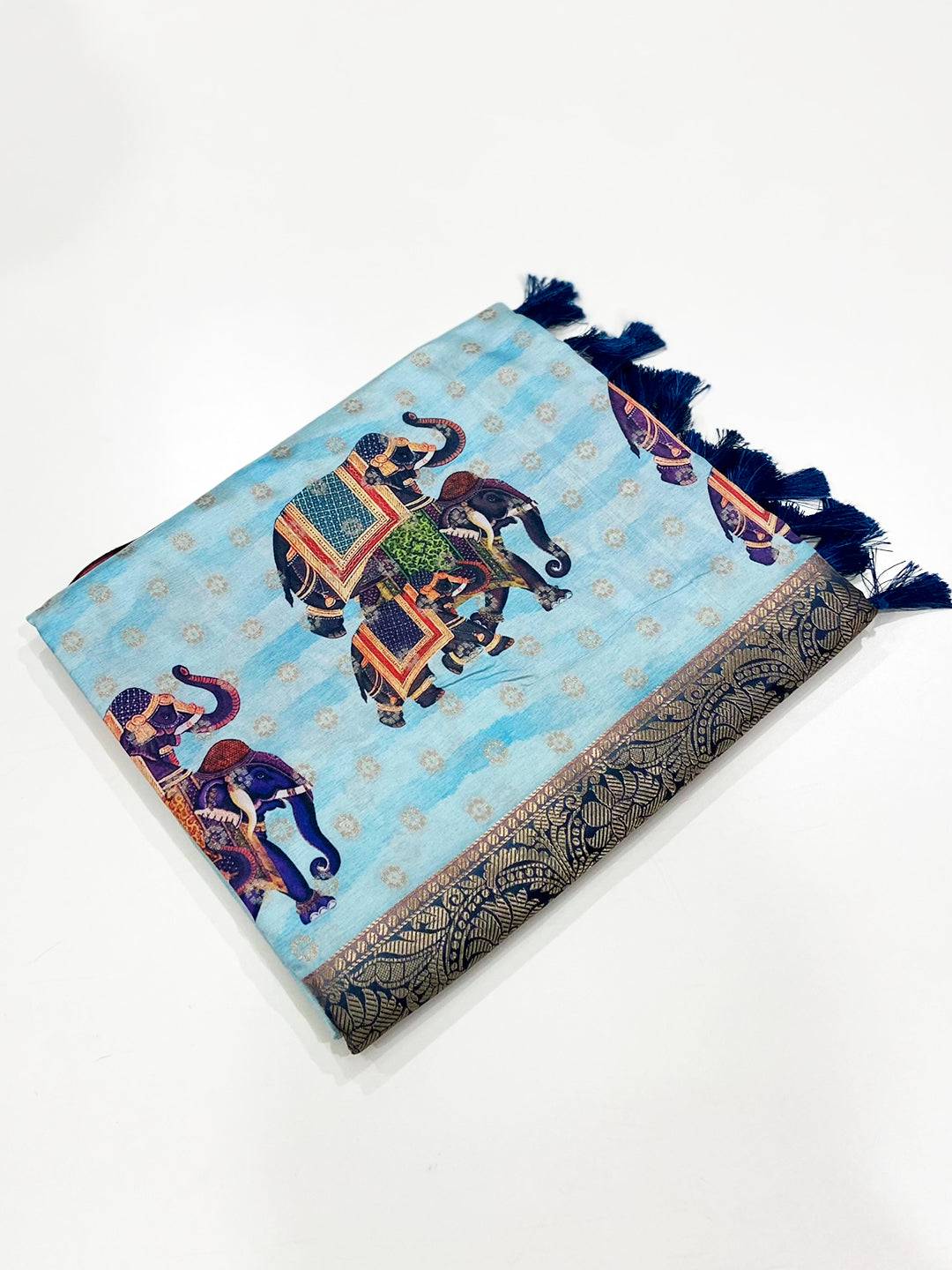 Sky Blue Digital Elephant Motifs Banarasi Saree