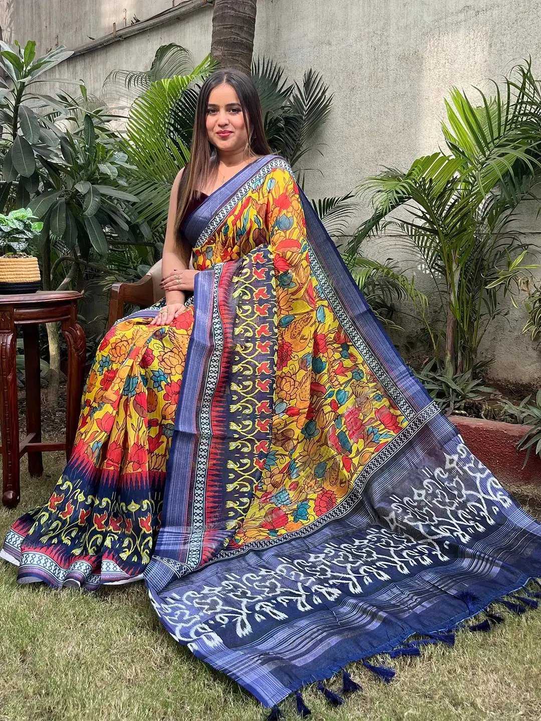 Floral Ikkat Printed Party Wear Saree with vibrant colors