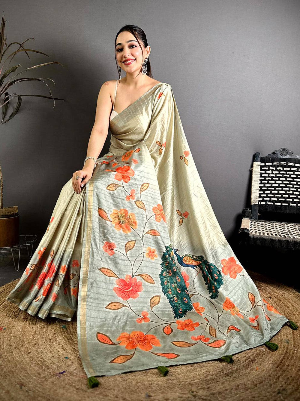 Vibrant Ghicha Silk Printed Tussar Saree