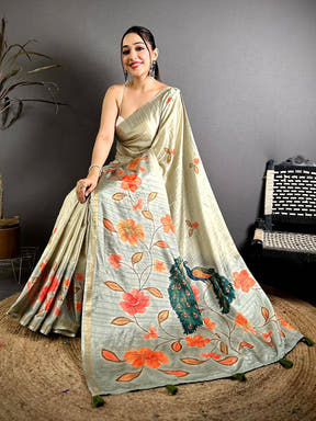 Vibrant Ghicha Silk Printed Tussar Saree