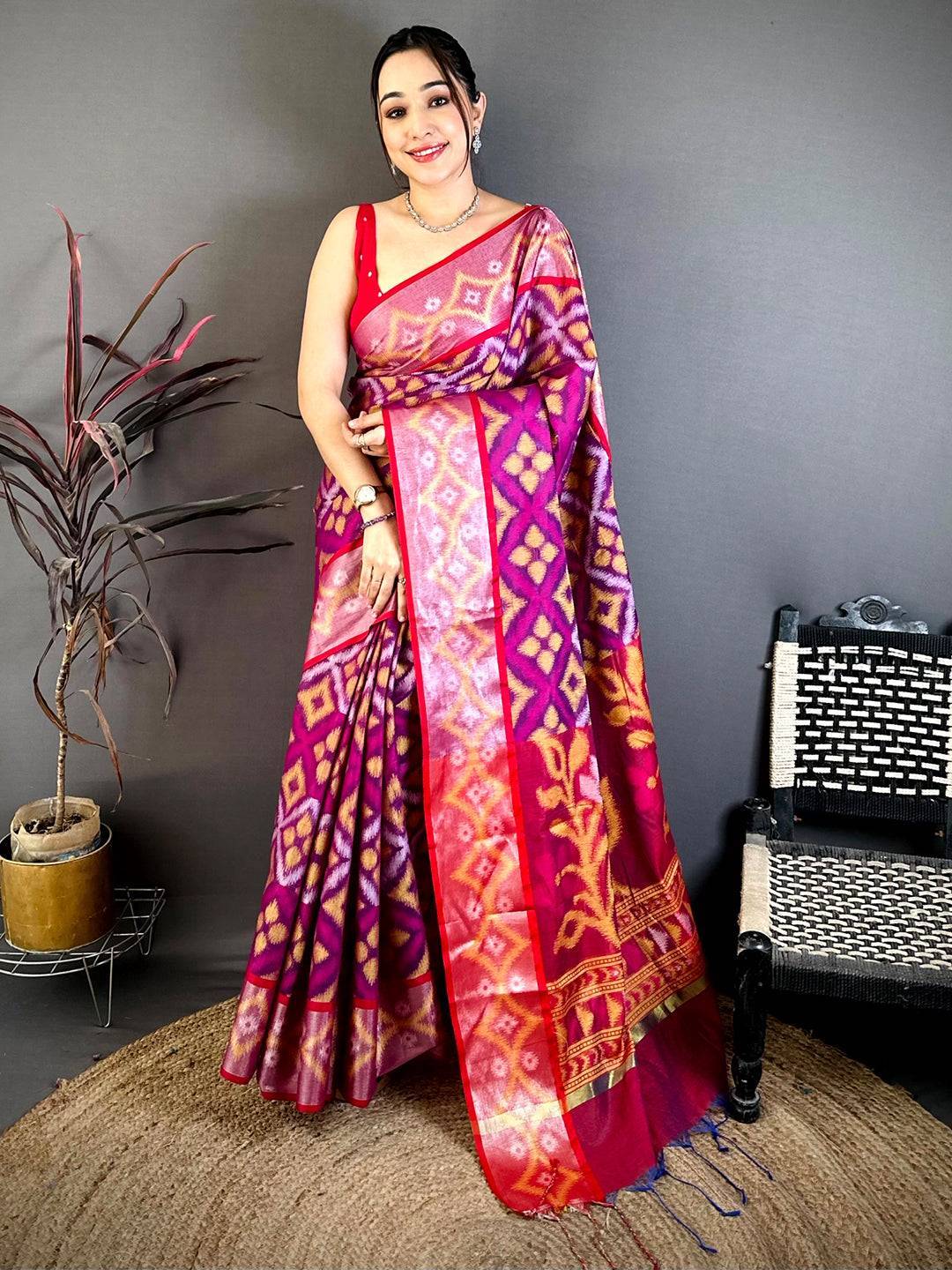 Royal Wine Chanderi Ikkat Saree