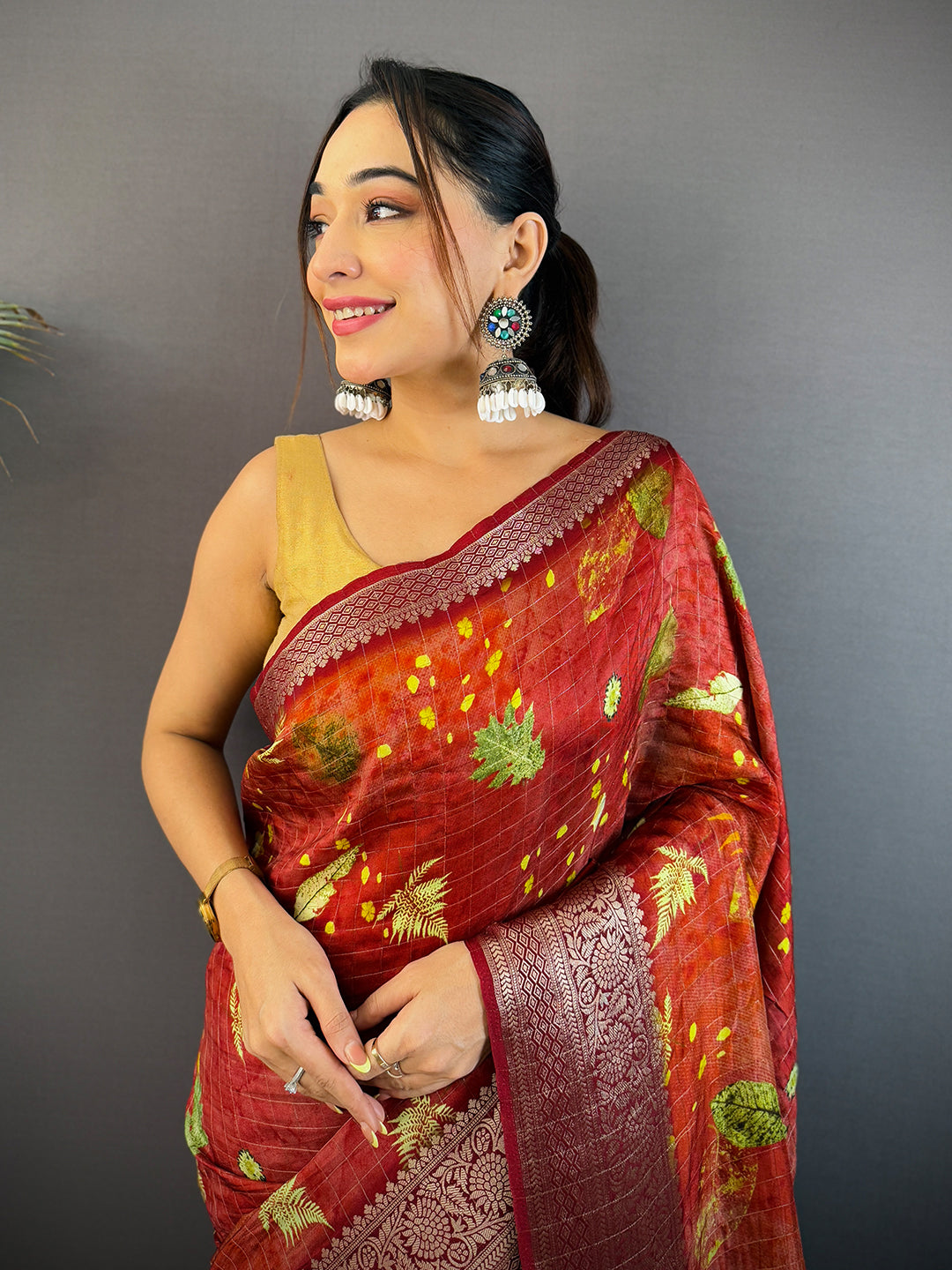 Rust Red Pure Viscose Checked Saree