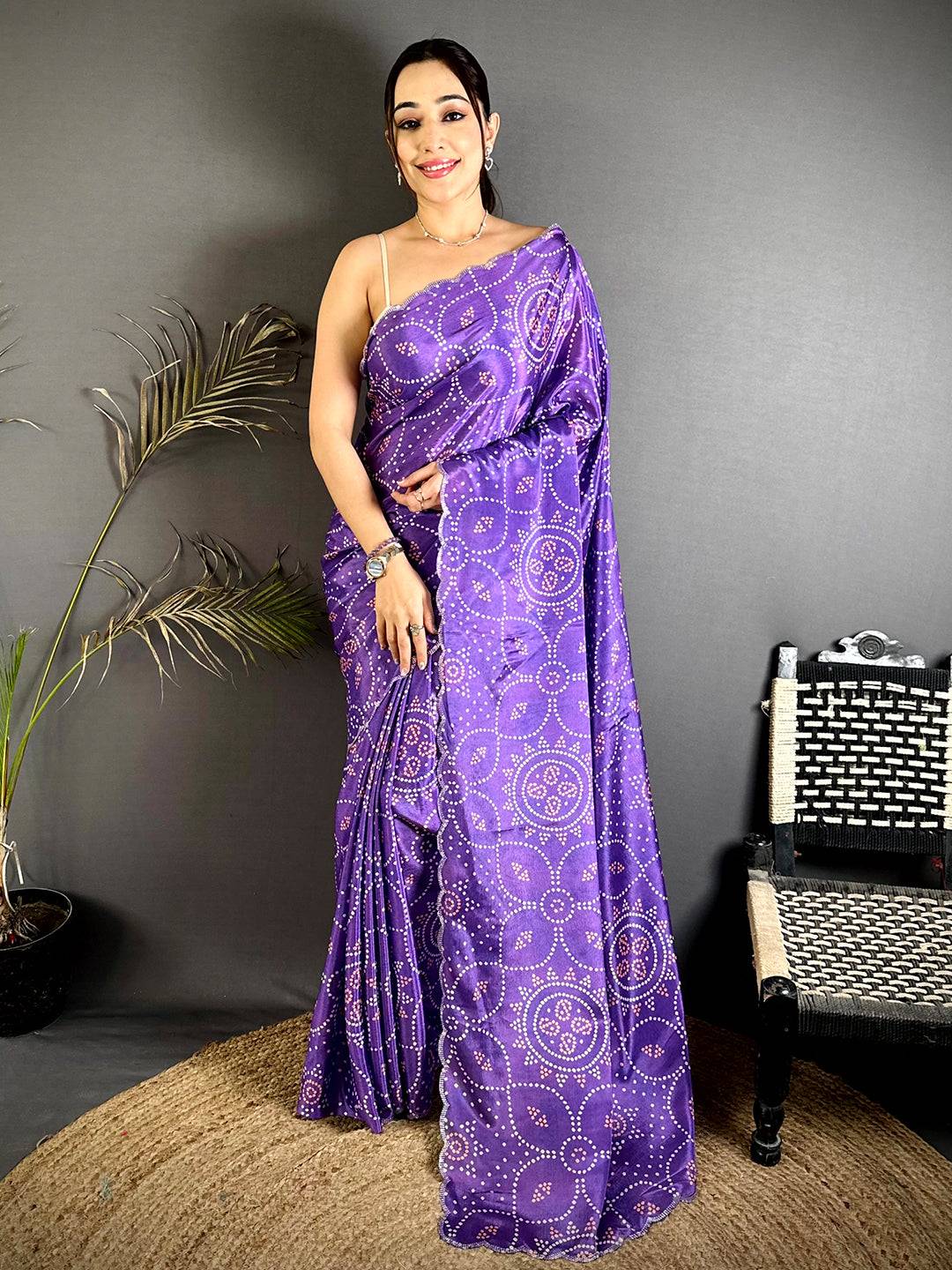 Purple Bandhej Chiffon Stone Work Saree
