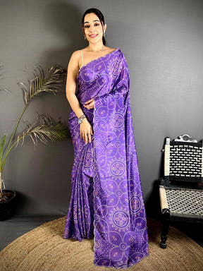 Purple Bandhej Chiffon Stone Work Saree