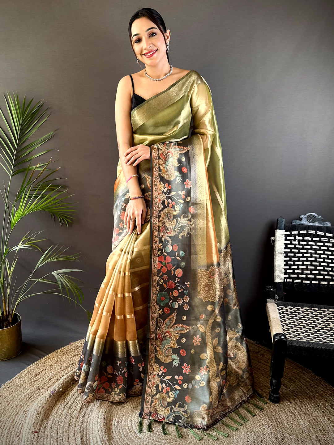 Green Tissue Kalamkari Print Saree