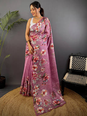 Mauve Pink Kota Floral Digital Cut Work Saree