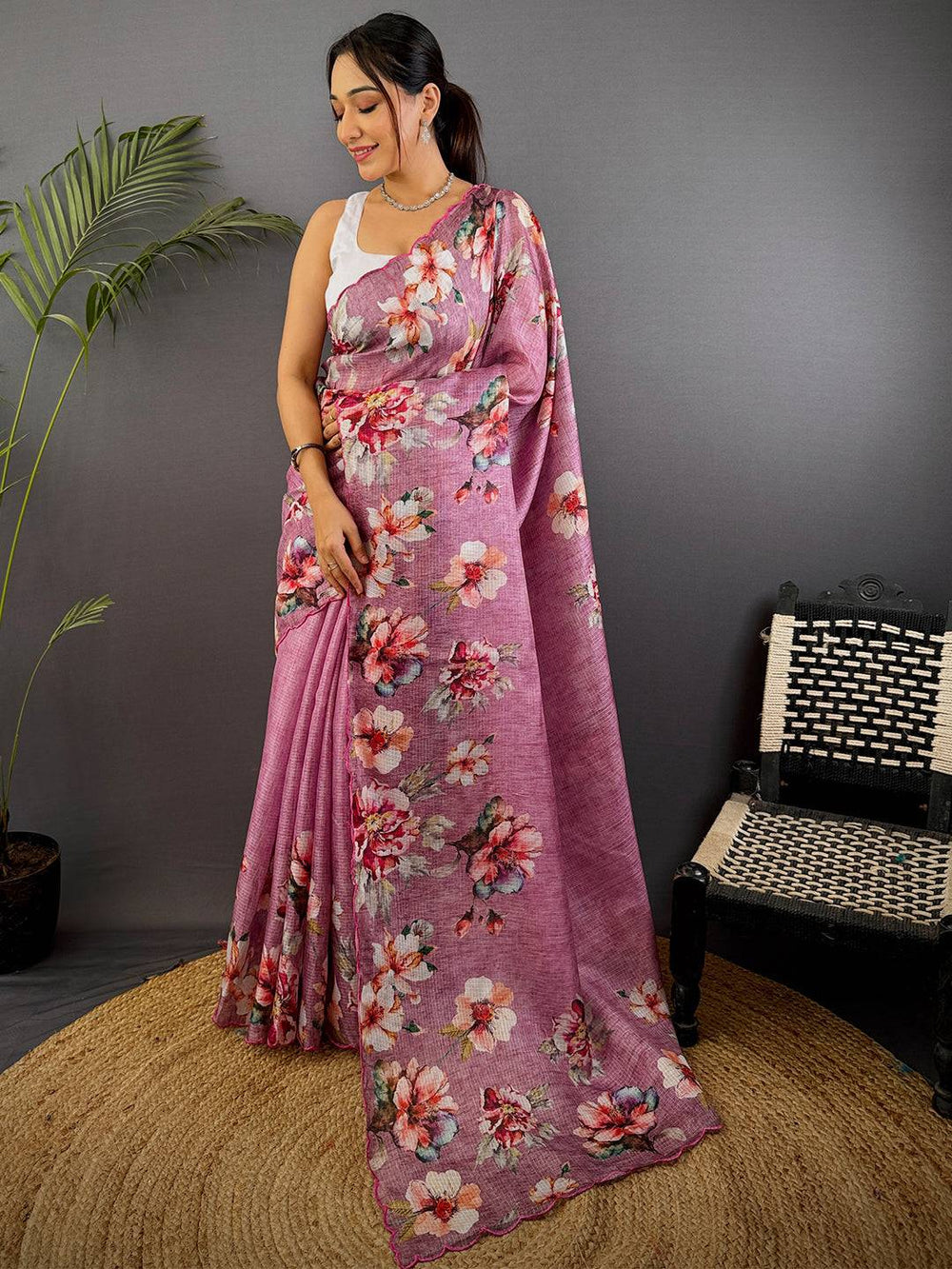 Mauve Pink Kota Floral Digital Cut Work Saree