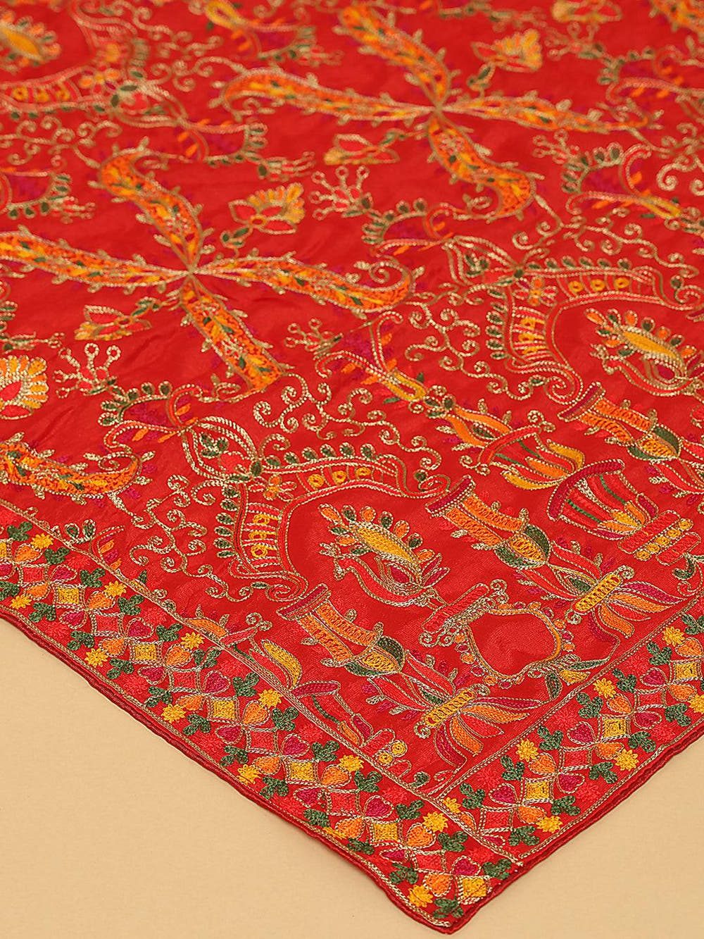Close-up of Threadwork on Red Pashmina Dupatta