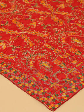 Close-up of Threadwork on Red Pashmina Dupatta