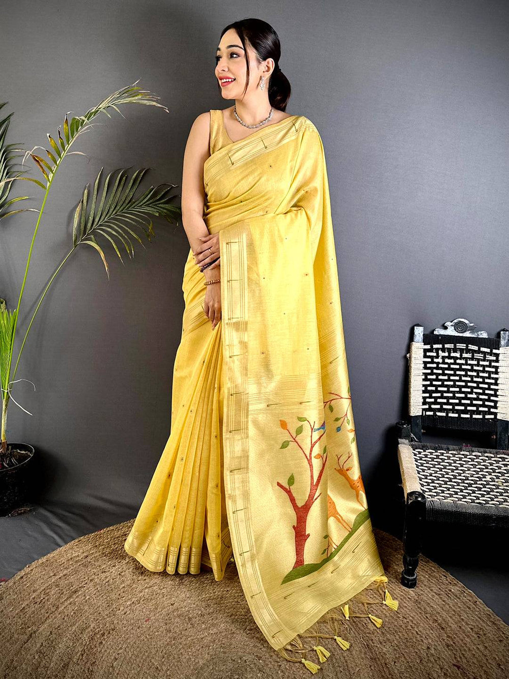 Yellow Minakari Paithani Khadi Linen Saree