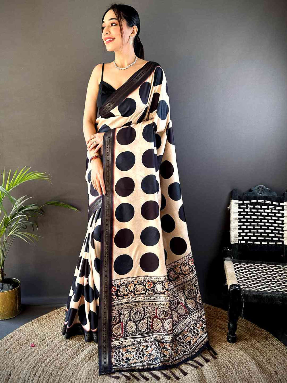 Cream Soft Silk Polka Dot Print Saree