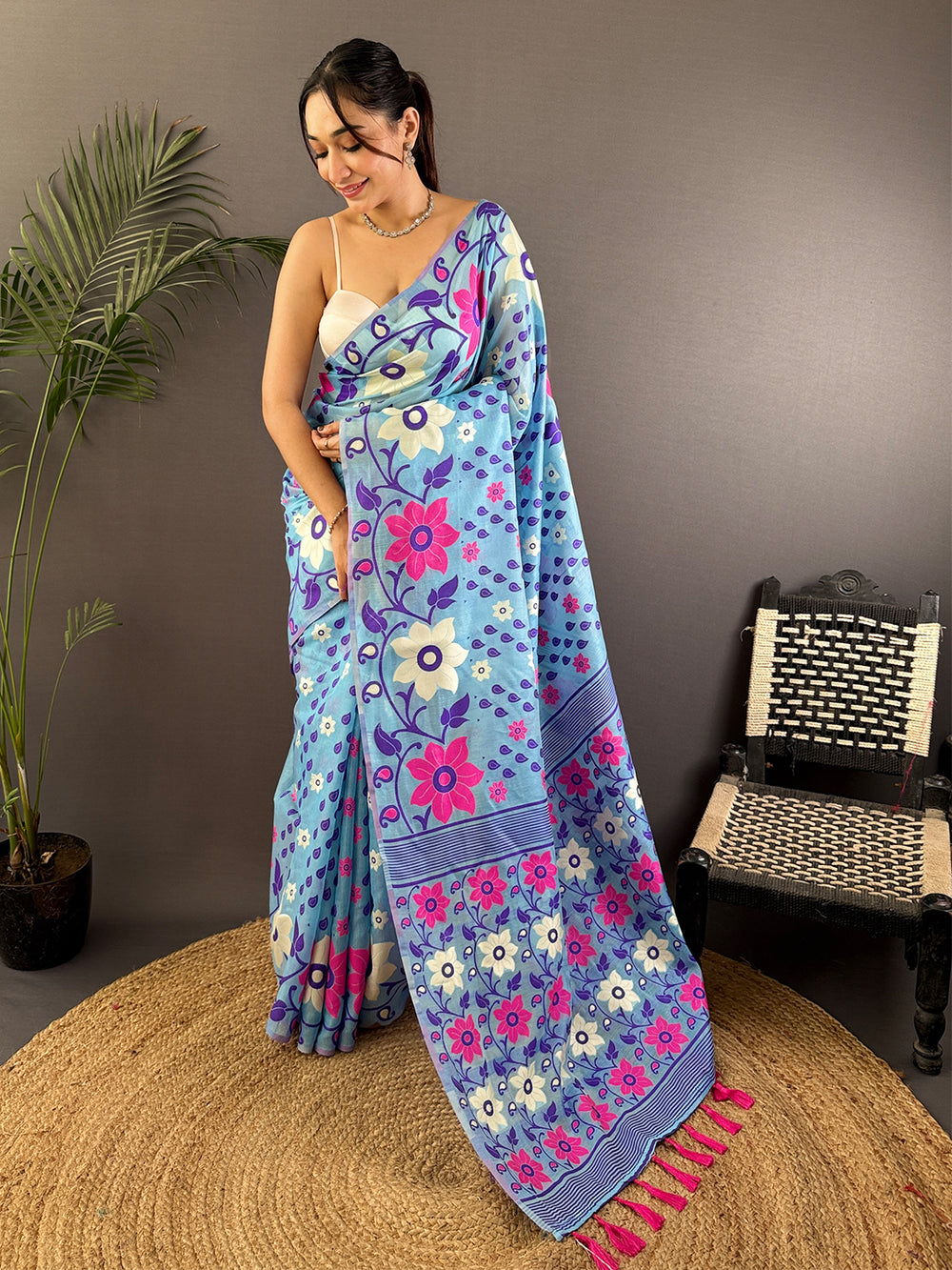 Radiant Sky Blue Dhakai Jamdani Cotton Silk Saree