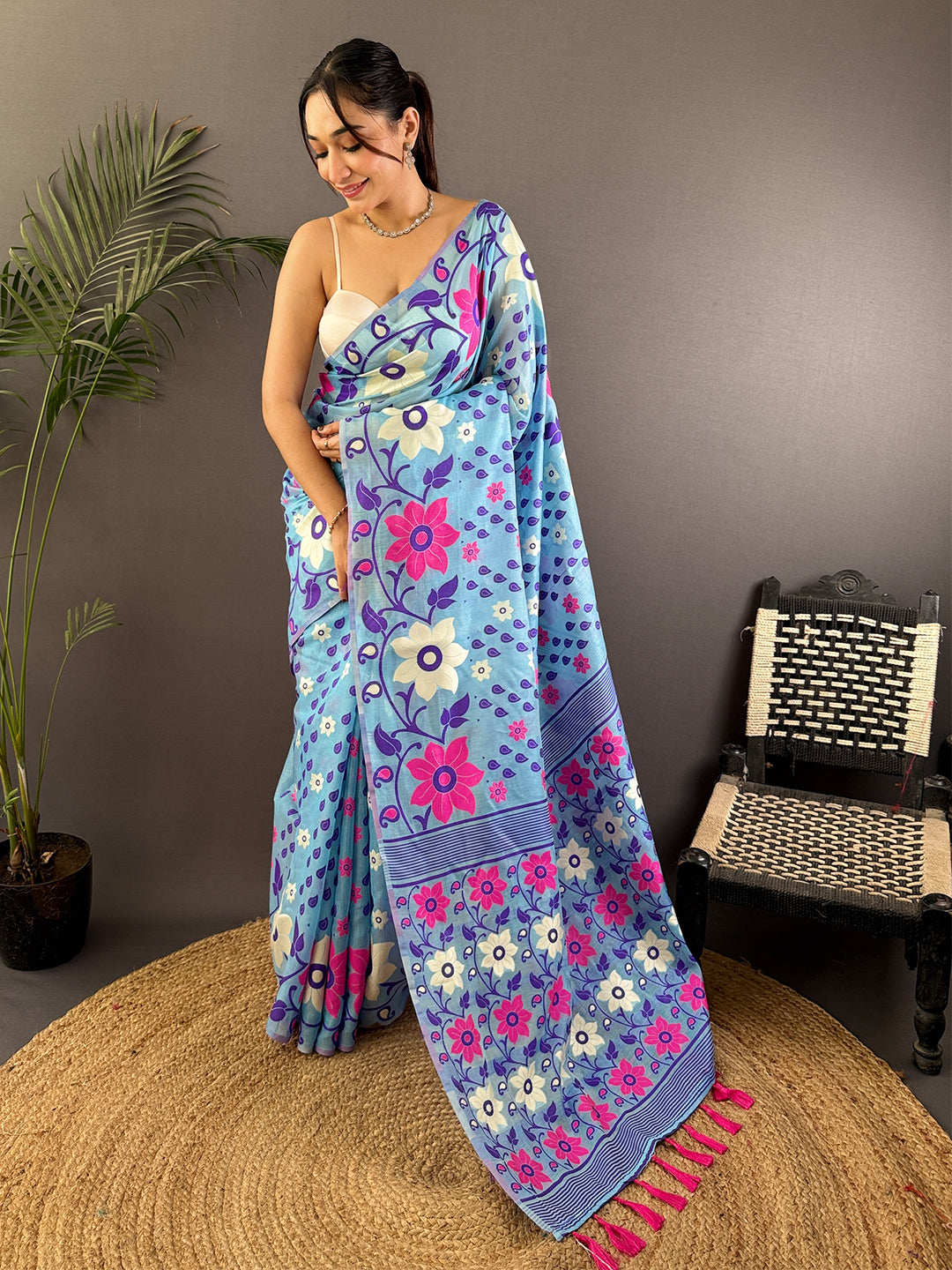 Radiant Sky Blue Dhakai Jamdani Cotton Silk Saree