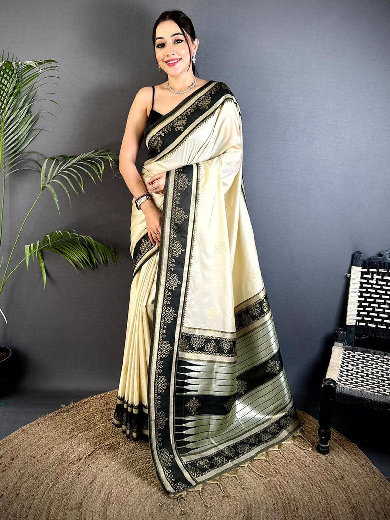 Cream Soft Silk Ikkat Kolam Saree With Maggam Blouse