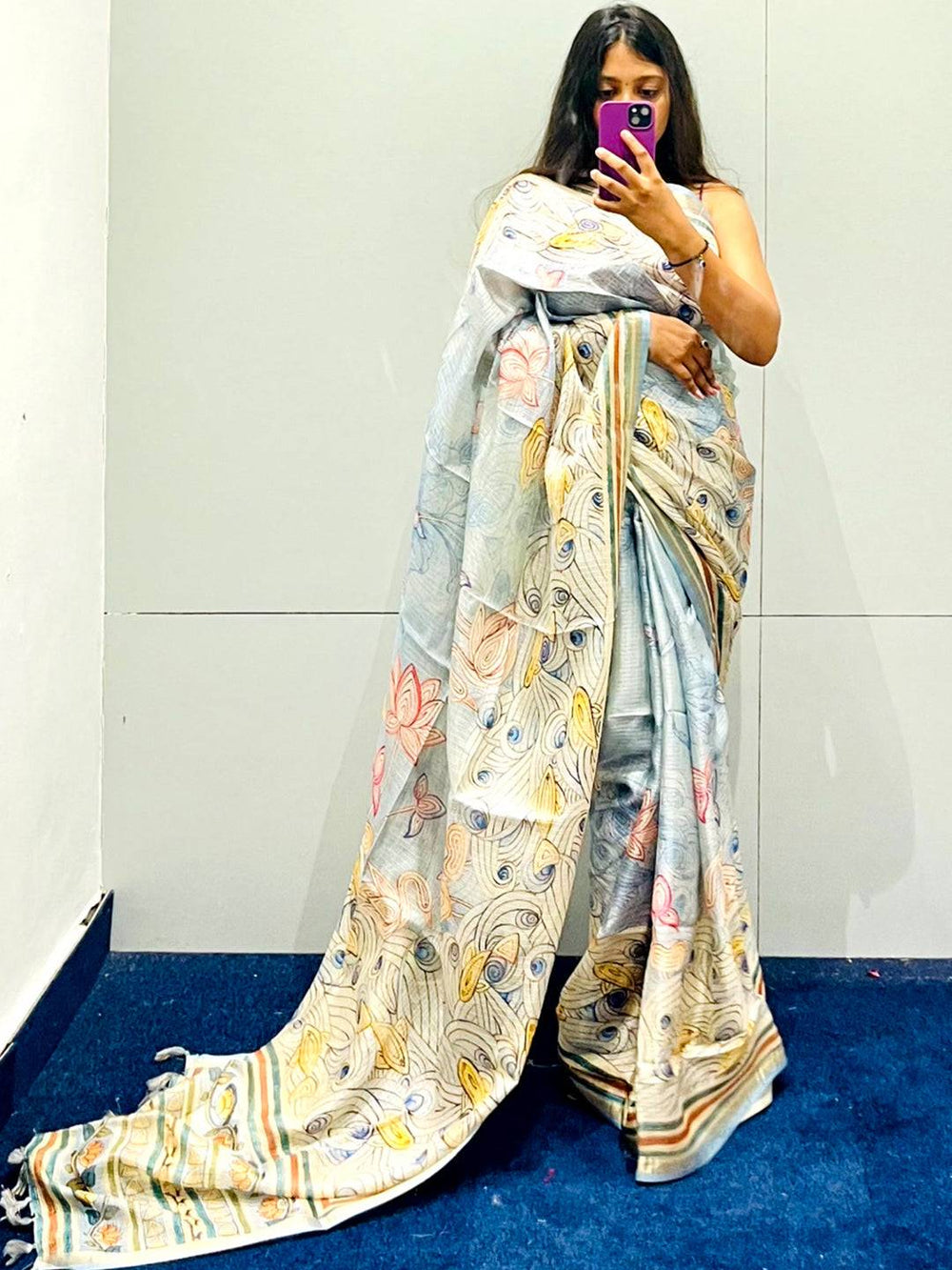 Graceful Sky Blue Silk Saree with Floral Kalamkari Design
