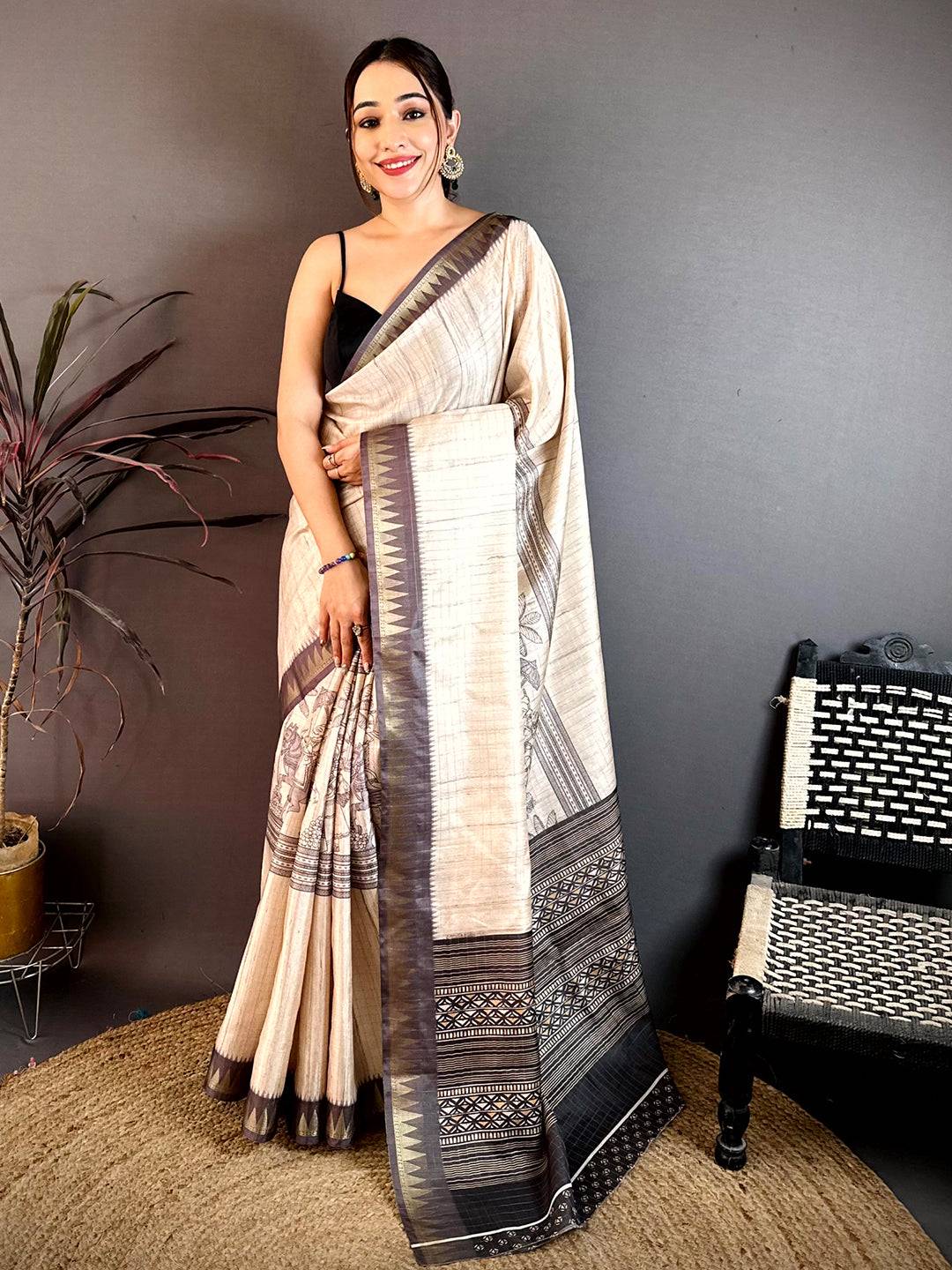 Vibrant Soft Tussar Madhubani Print Saree