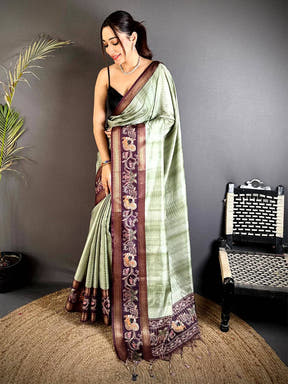 Sage Green Shibori Print Semi Silk Saree