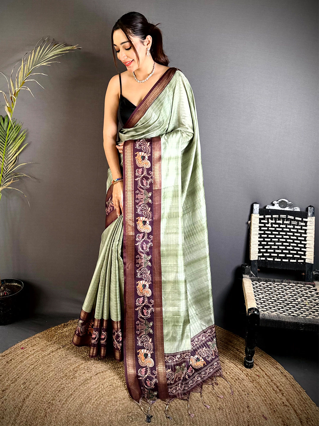 Sage Green Shibori Print Semi Silk Saree
