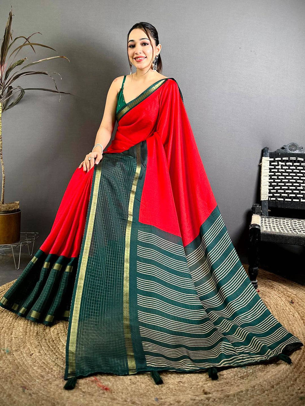 Red Soft Kota Crepe Contrast Border Saree