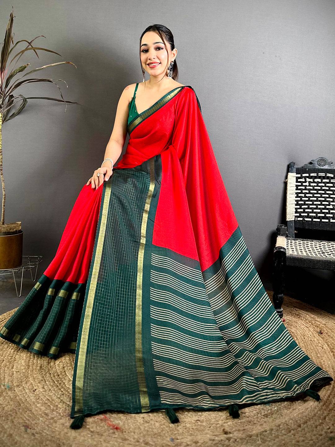 Red Soft Kota Crepe Contrast Border Saree