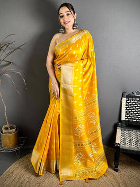 Mustard Dola Block Print Zari Border Saree