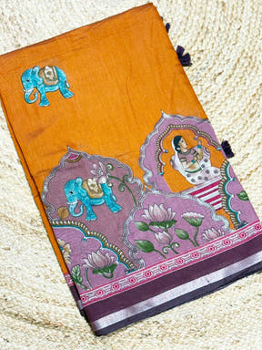 Orange Mul Kalamkari Printed Saree