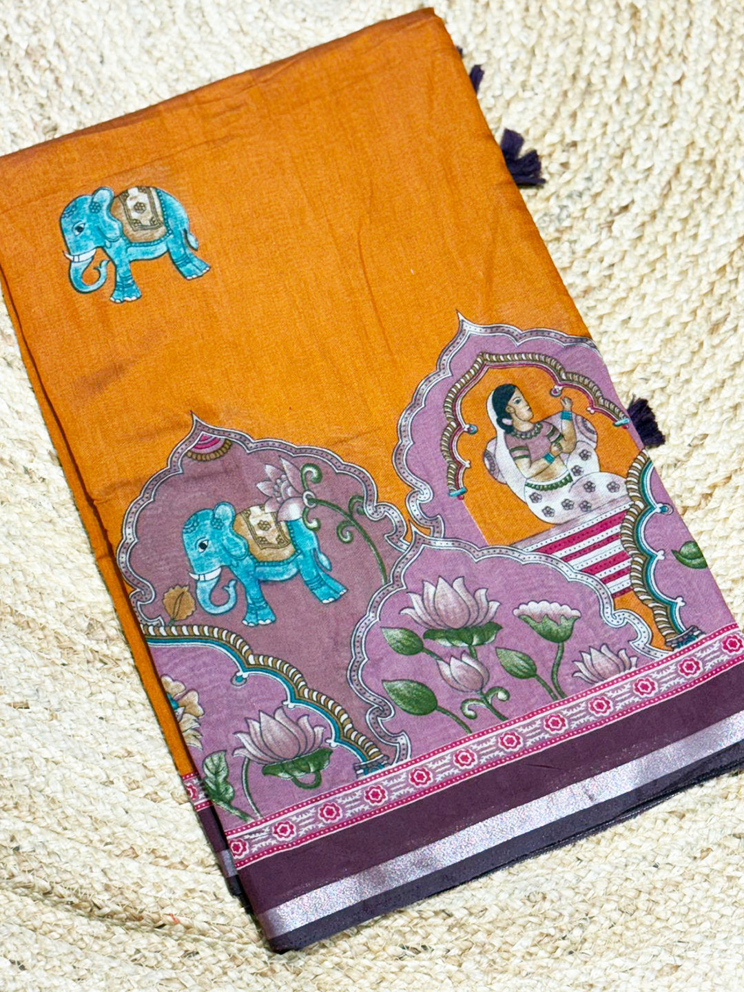 Orange Mul Kalamkari Printed Saree