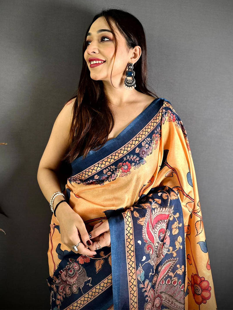 Mustard Orange Kalamkari Print Tussar Saree