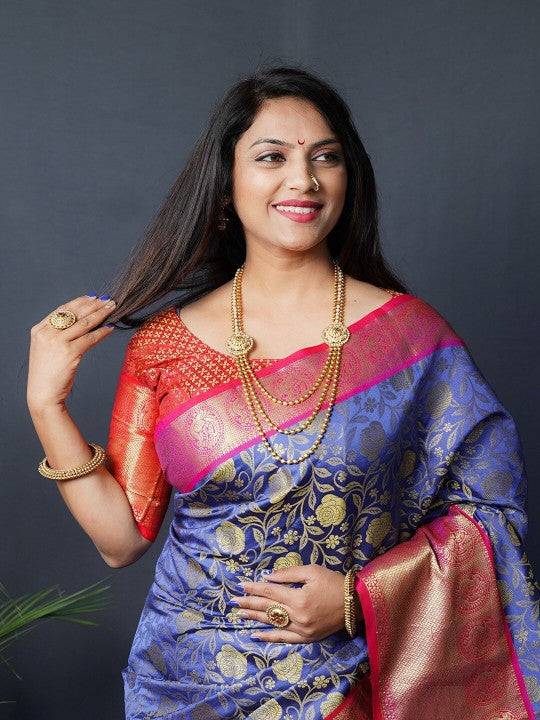 Royal Blue Floral Zari Banarasi Kanjivaram Silk Saree